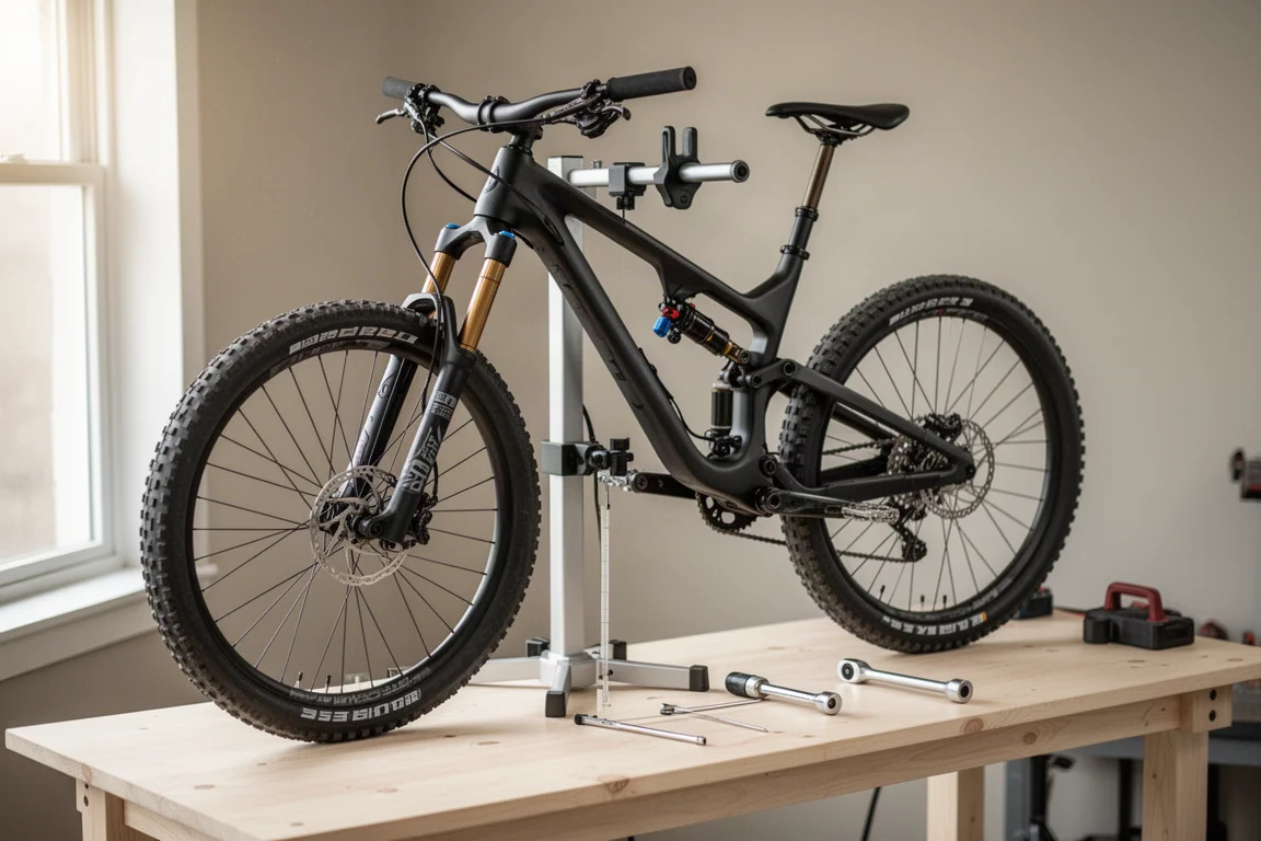 Mountain bike on a repair stand beside tools in a tidy workshop