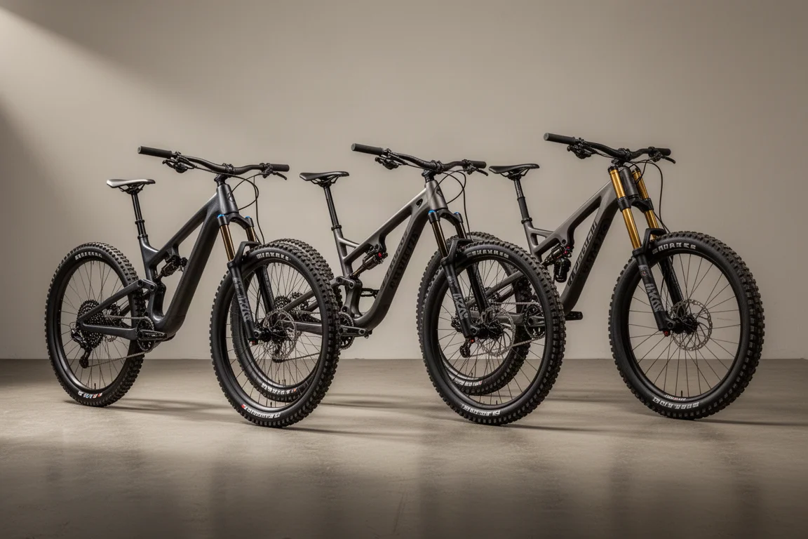 Drie mountainbikes naast elkaar op een betonnen studiovloer in zacht licht
