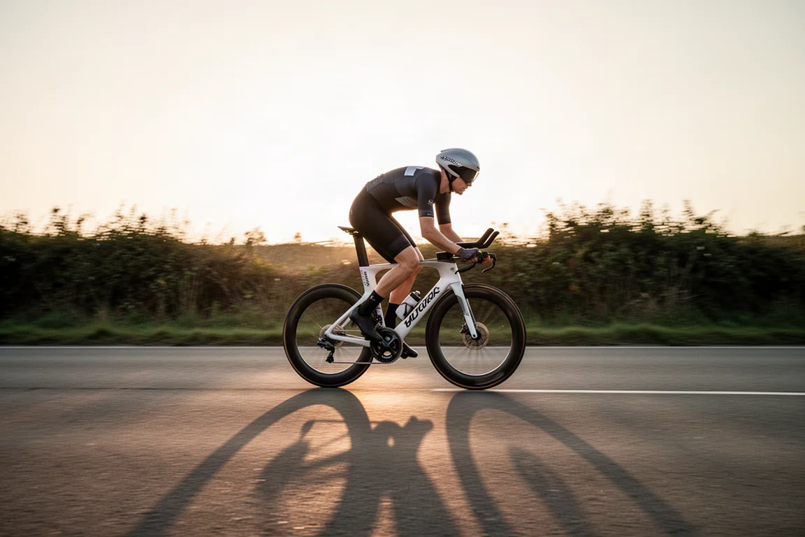 Rennradfahrer auf einem Aero-Rennrad bei hoher Geschwindigkeit auf freiem Asphalt im Morgengrauen