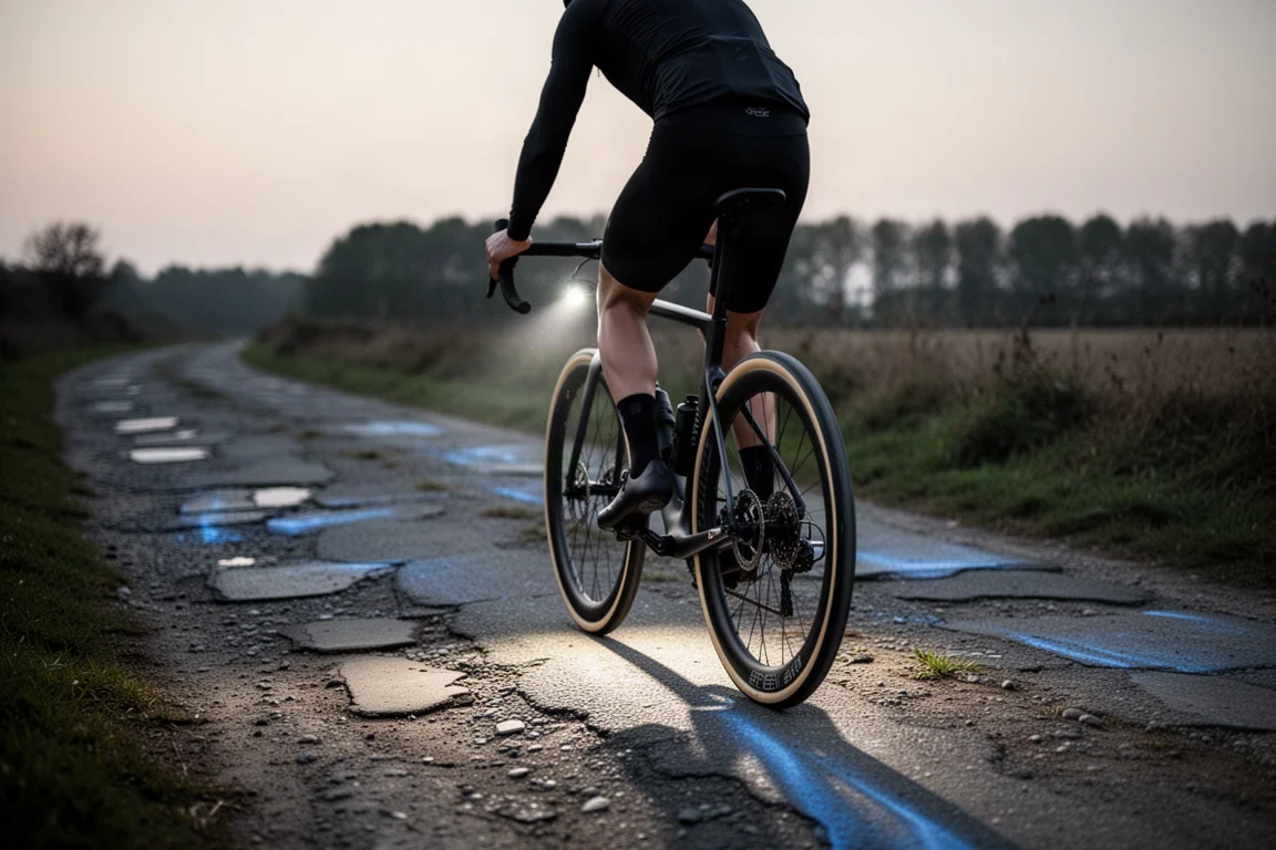 Radfahrer auf einem Endurance-Bike mit breiten Reifen auf rauer Fahrbahn in der Dämmerung
