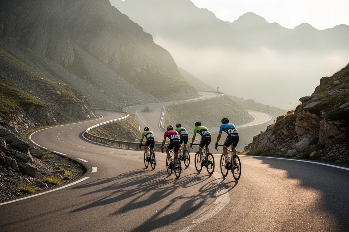 Gruppe von Rennradfahrern, die bei frühem Morgenlicht einen Alpenpass erklimmen