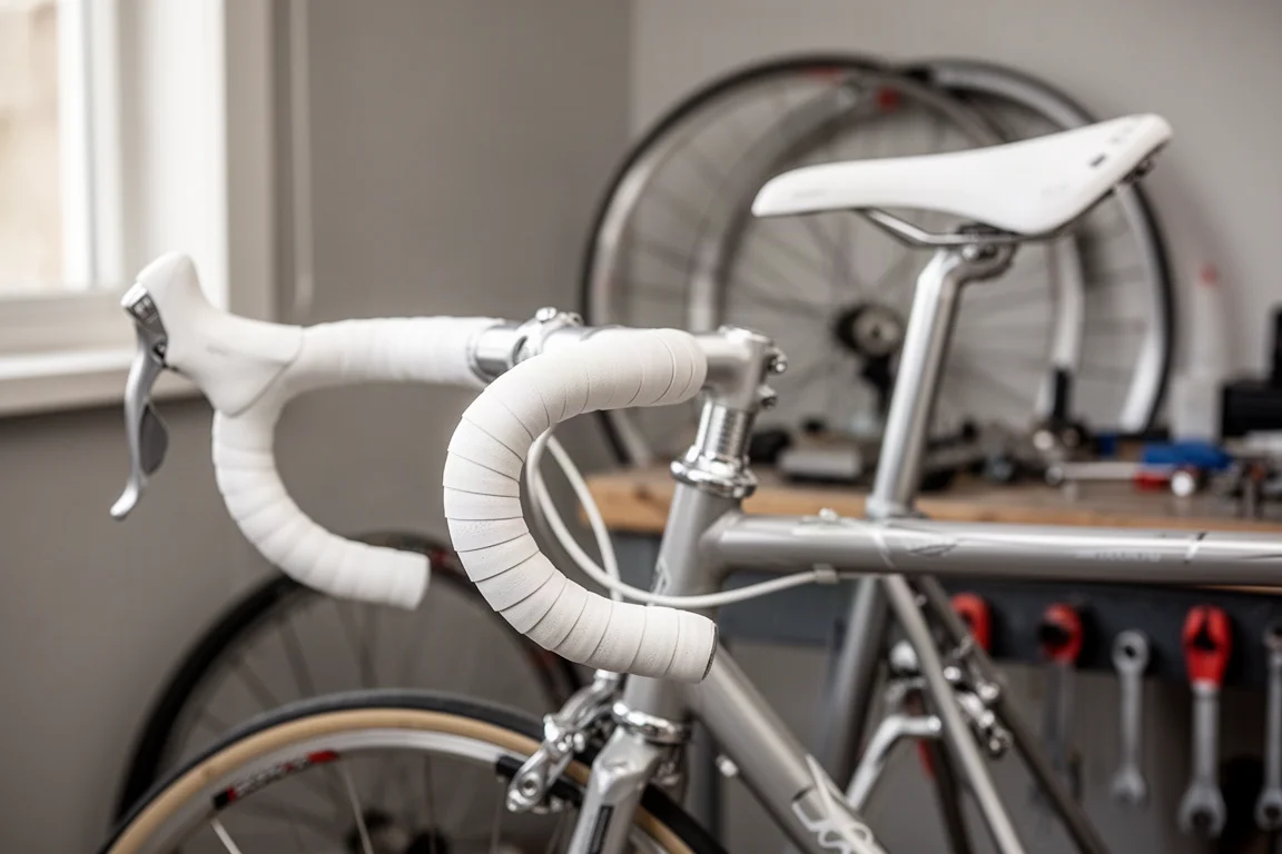 Nahaufnahme von weißem Lenkerband und einem weißen Sattel an einem Rennrad in einer Werkstatt