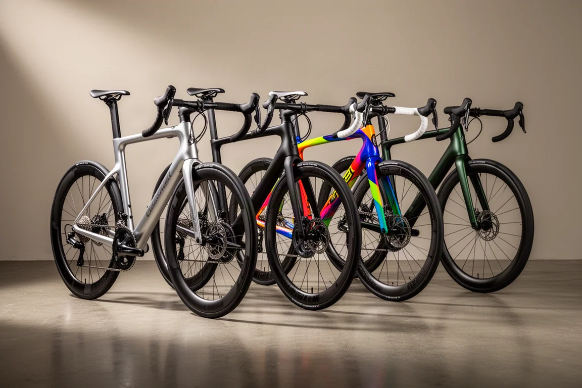 Four road racing bicycles lined up on a concrete floor in studio lighting