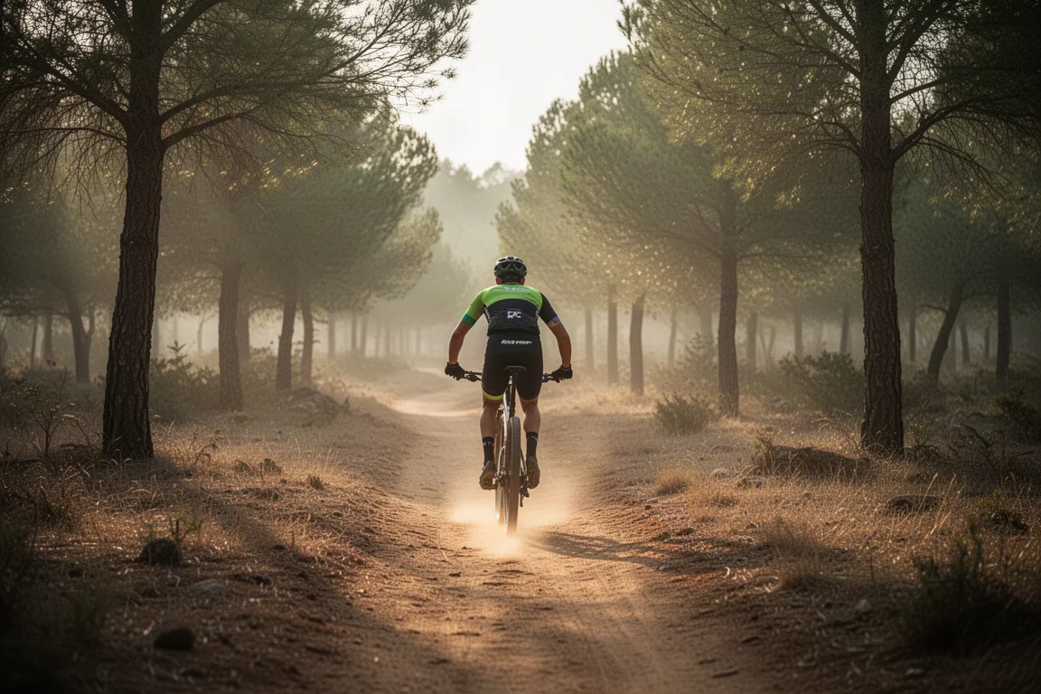 Biker cross-country che pedala veloce su singletrack in un bosco aperto all'alba