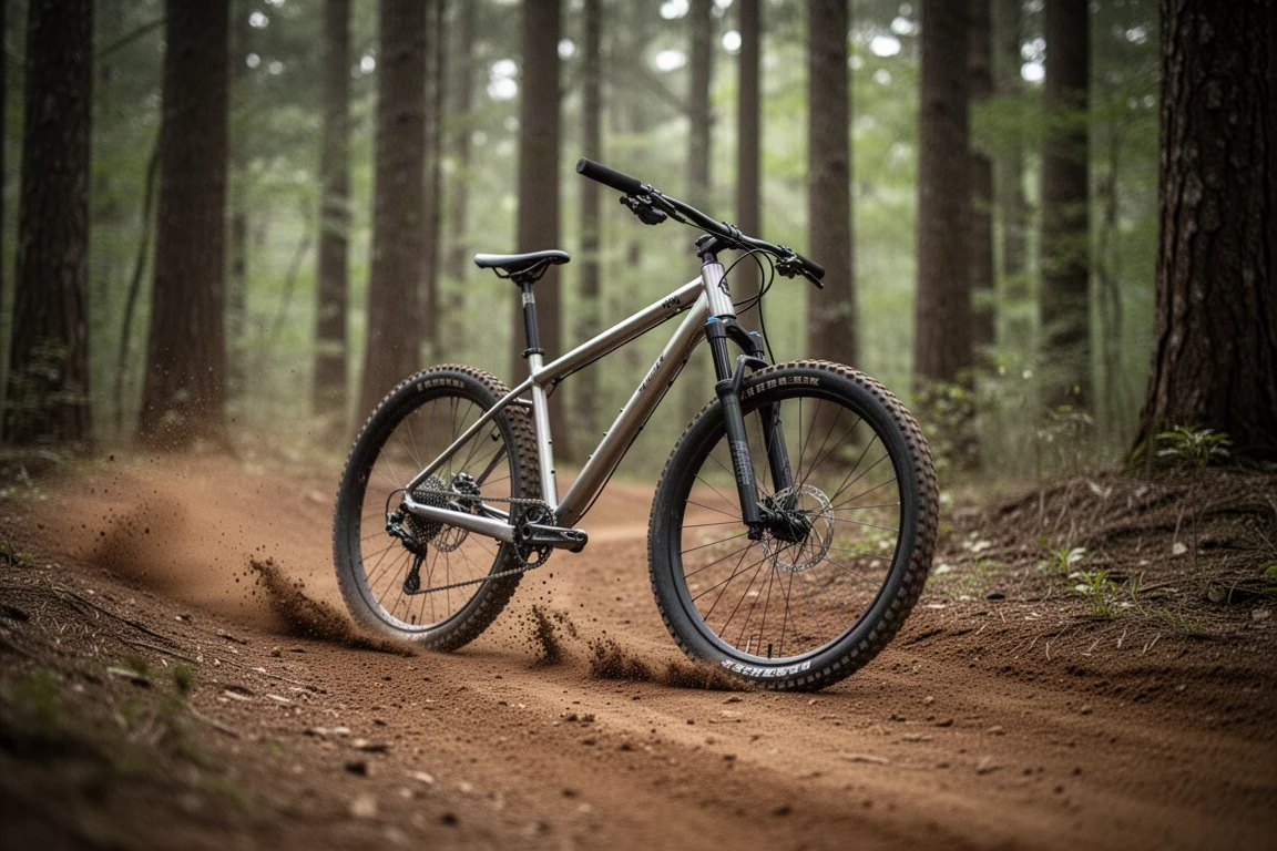 Hardtail in acciaio che curva deciso su un sentiero forestale morbido