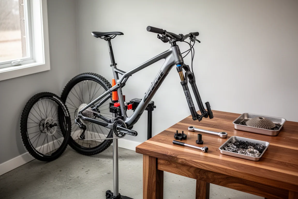 Mountain bike su un cavalletto da officina domestica con attrezzi disposti su un banco