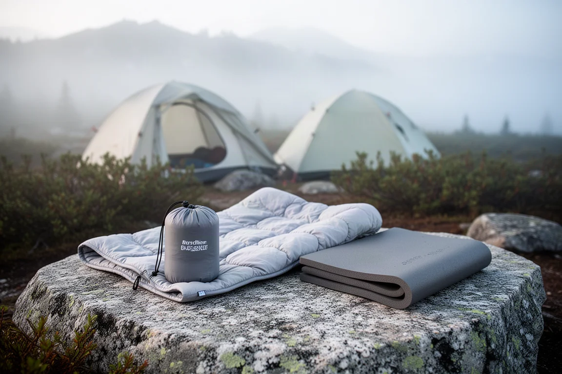 Ultralichte backpacking-uitrusting uitgestald op een granieten plaat bij een bergkamp op zonsopgang