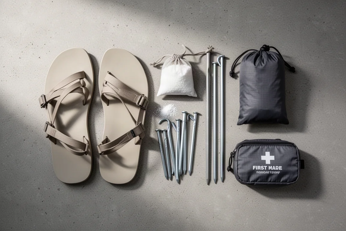 Ultralight backpacking gear flat lay with sandals, soap pouch, stake sack and small pouches