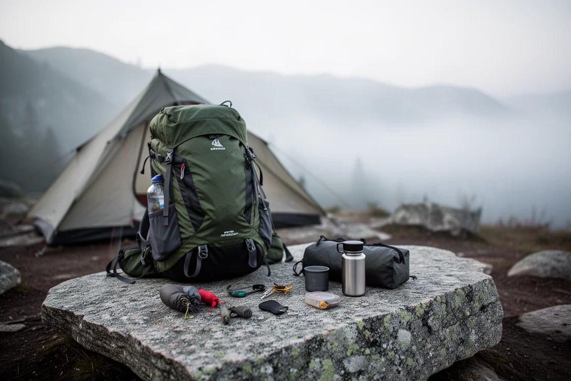 Sac à dos ultra-léger chargé et petits accessoires étalés sur une dalle de granite dans un campement de montagne brumeux