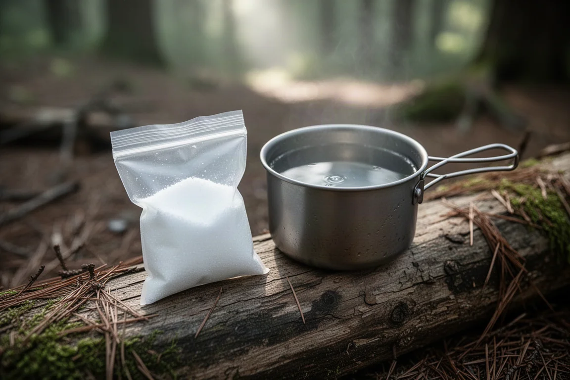 Sachet de savon en poudre blanc et petit récipient métallique d'eau sur une bûche patinée dans un campement forestier