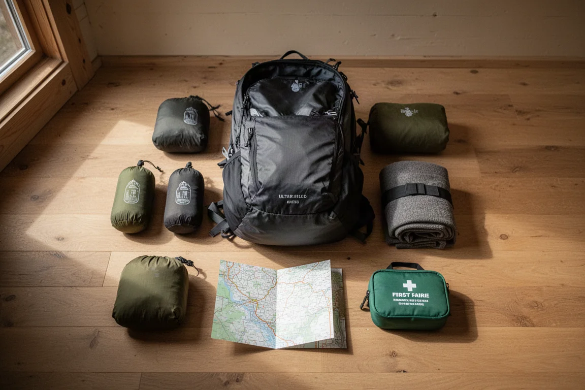 Vue de dessus d'un sac à dos ouvert entouré de petits sachets en tissu et de vêtements roulés sur un plancher de cabane