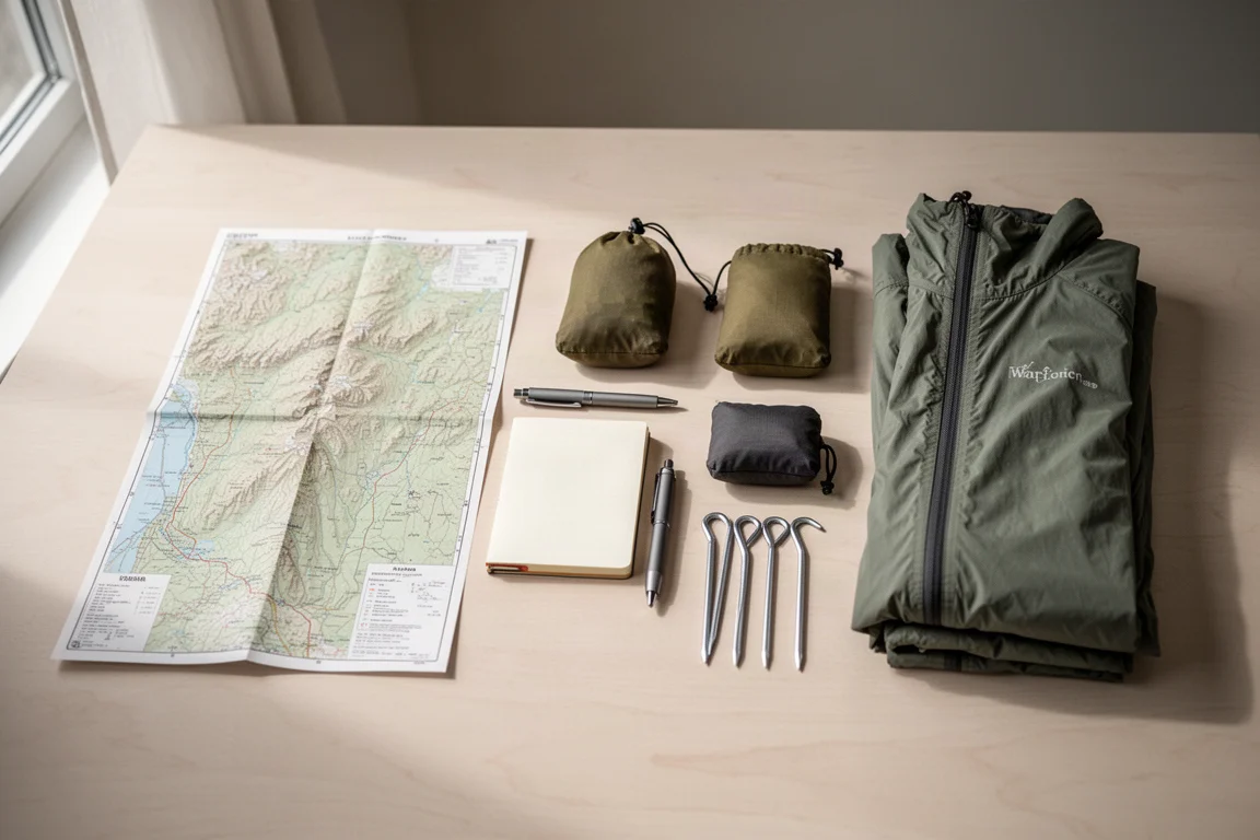 Organisation de matériel ultra-léger sur une table en bois avec carte, carnet, sachets et piquets de tente