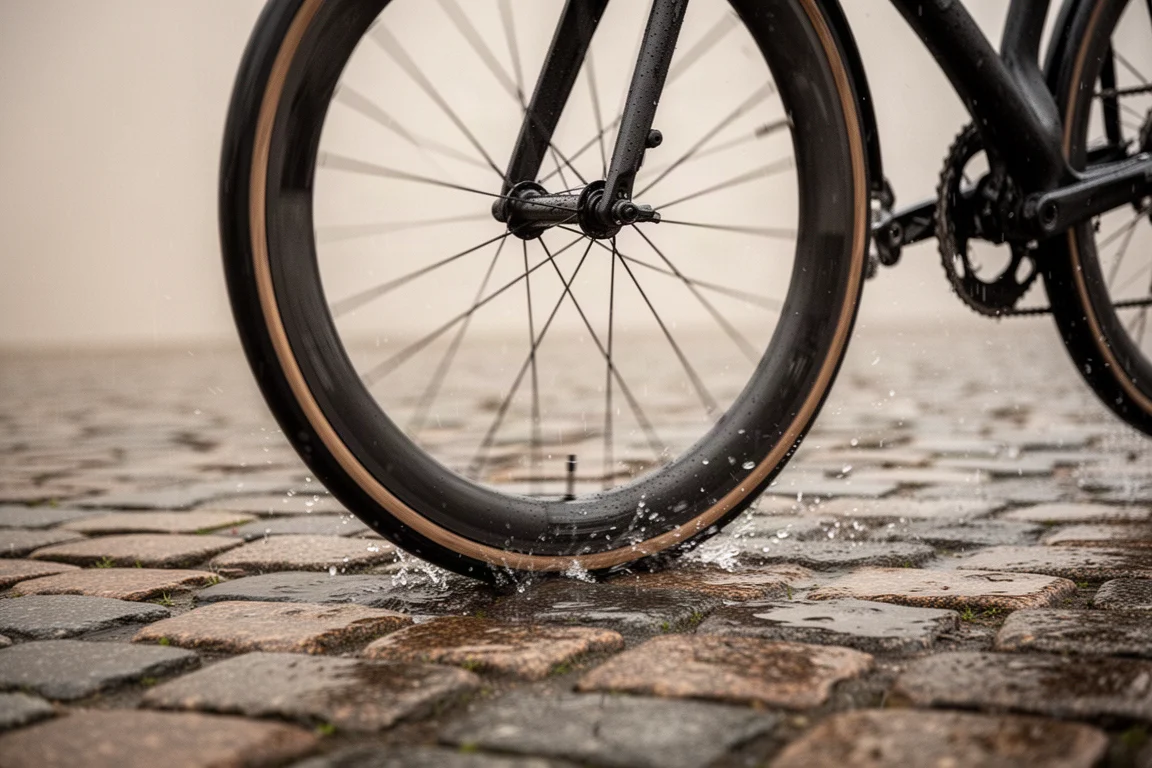 Tubeless racefietsband die over natte kasseien rolt