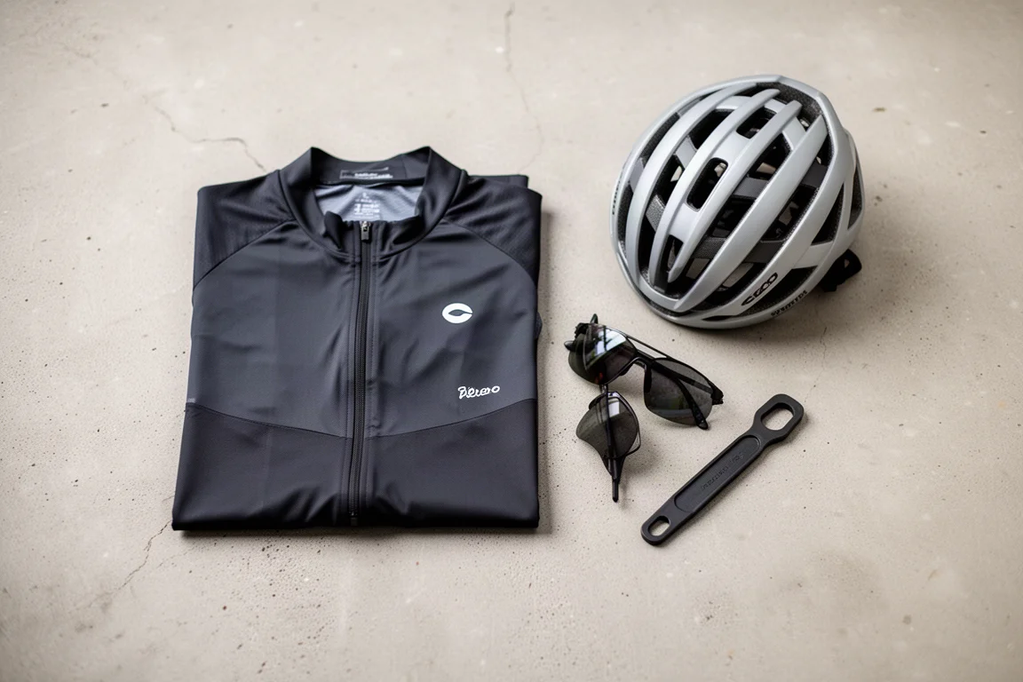 Flat-lay van fietsbenodigdheden op betonnen oppervlak