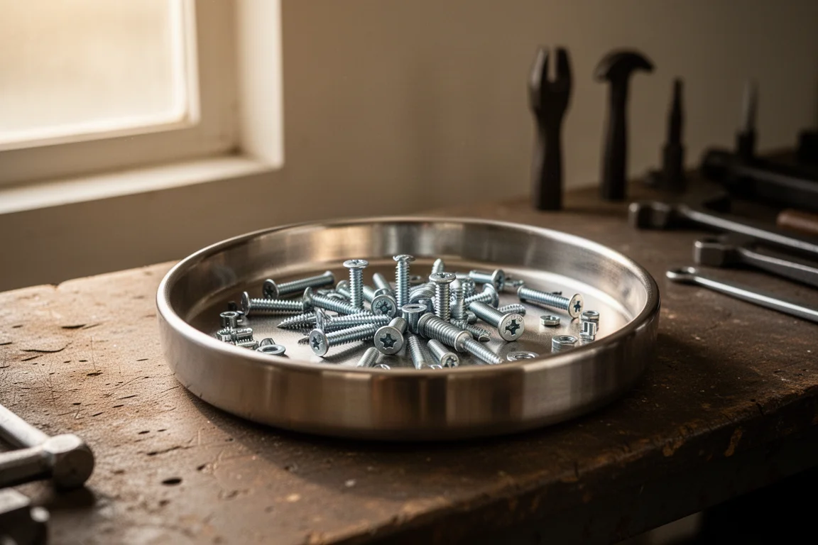 Magnetische Schraubenschale mit losen Schrauben und Bolzen auf einer Werkbank