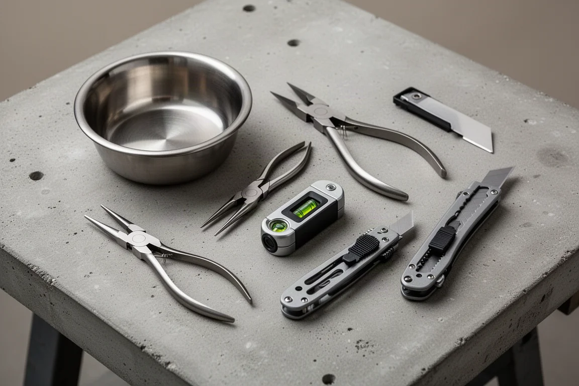 Five hand tools laid out on a concrete workbench: parts bowl, pliers, mini level, utility knife and blade holder