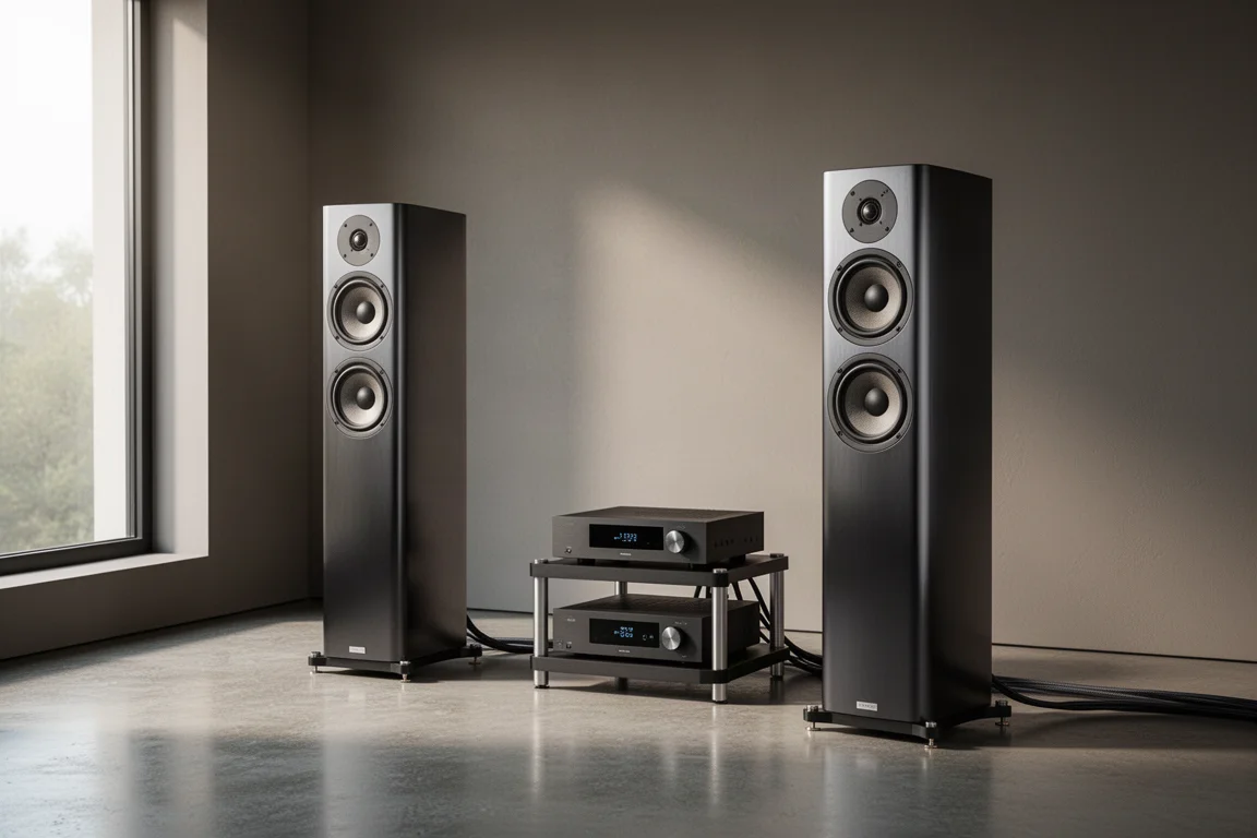 Tall high-end floor-standing loudspeakers in a minimal listening room with soft daylight