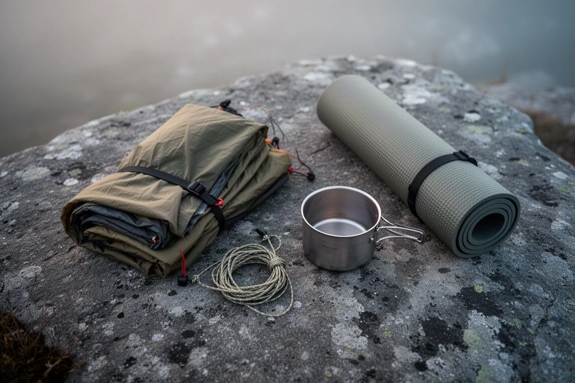 Overhead flat lay of ultralight backpacking gear on a weathered rock slab at dawn