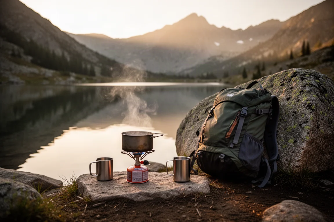 Small camp stove simmering beside a packed backpack at a lakeside campsite in evening light