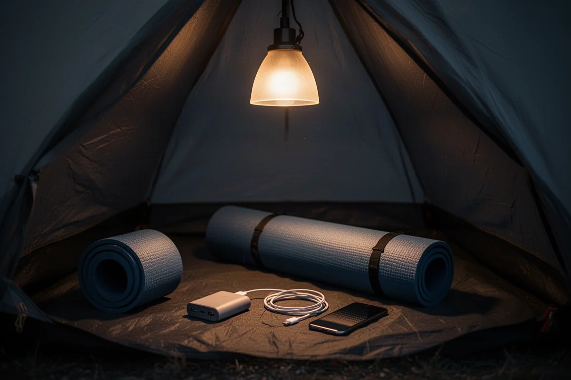Tent interior at night lit by a warm glow with small electronics and cables on a sleeping pad