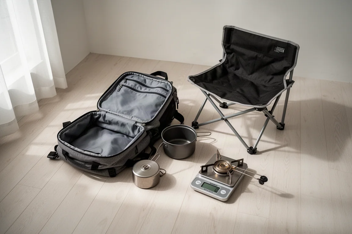 Backpacking gear laid out on a wooden floor beside a small digital scale