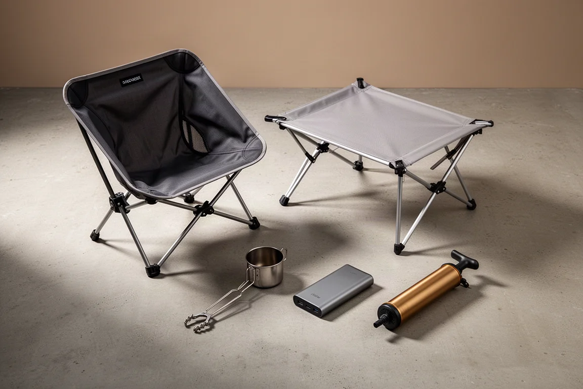 Five ultralight backpacking items arranged on a concrete surface in soft studio light