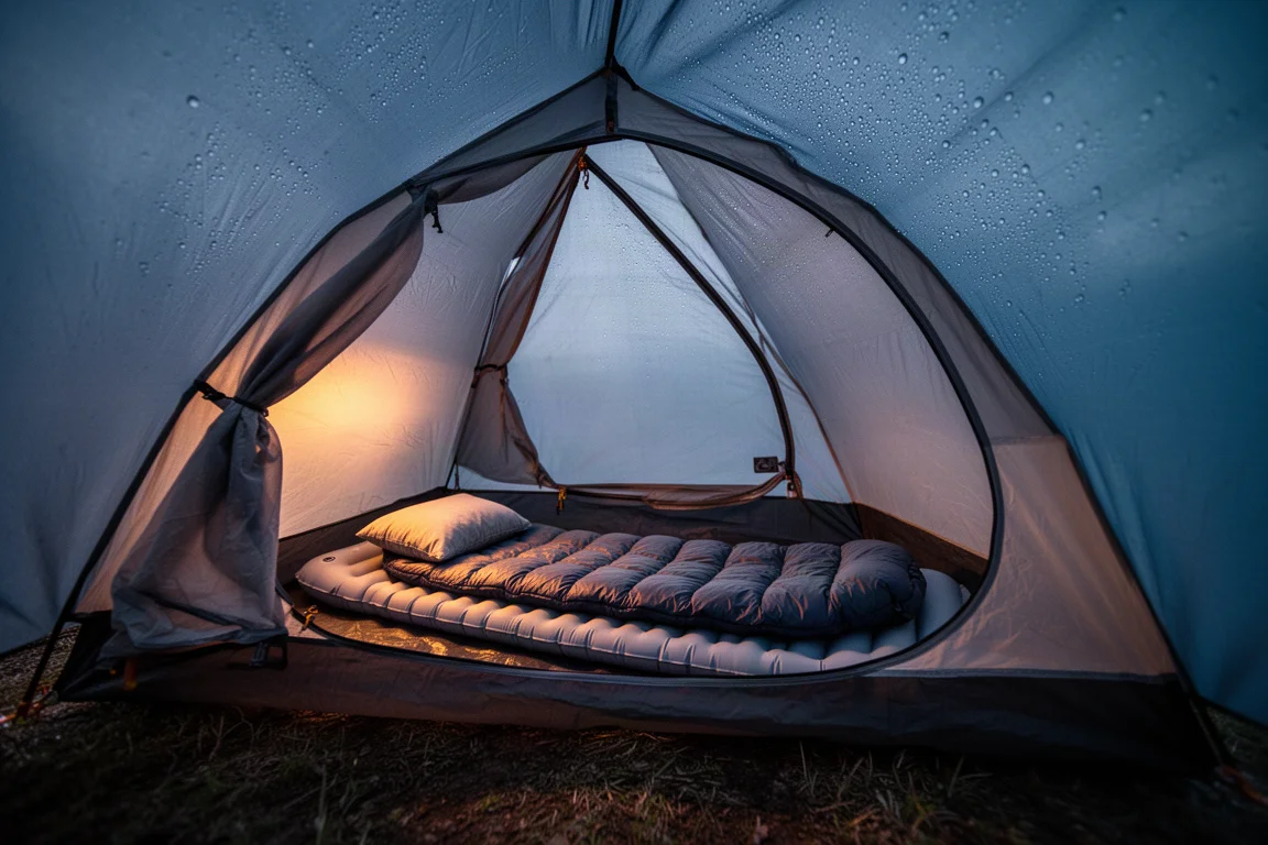 Interieur van een kleine backpackingstent in de schemering met een slanke slaapmat en een compacte quilt