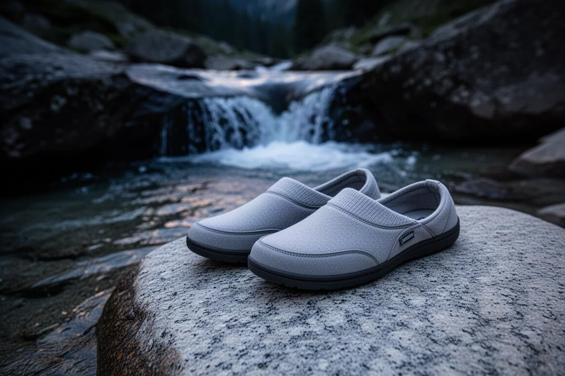 Paar lichte kamppslippers op een granieten plaat naast een ondiepe bergbeek