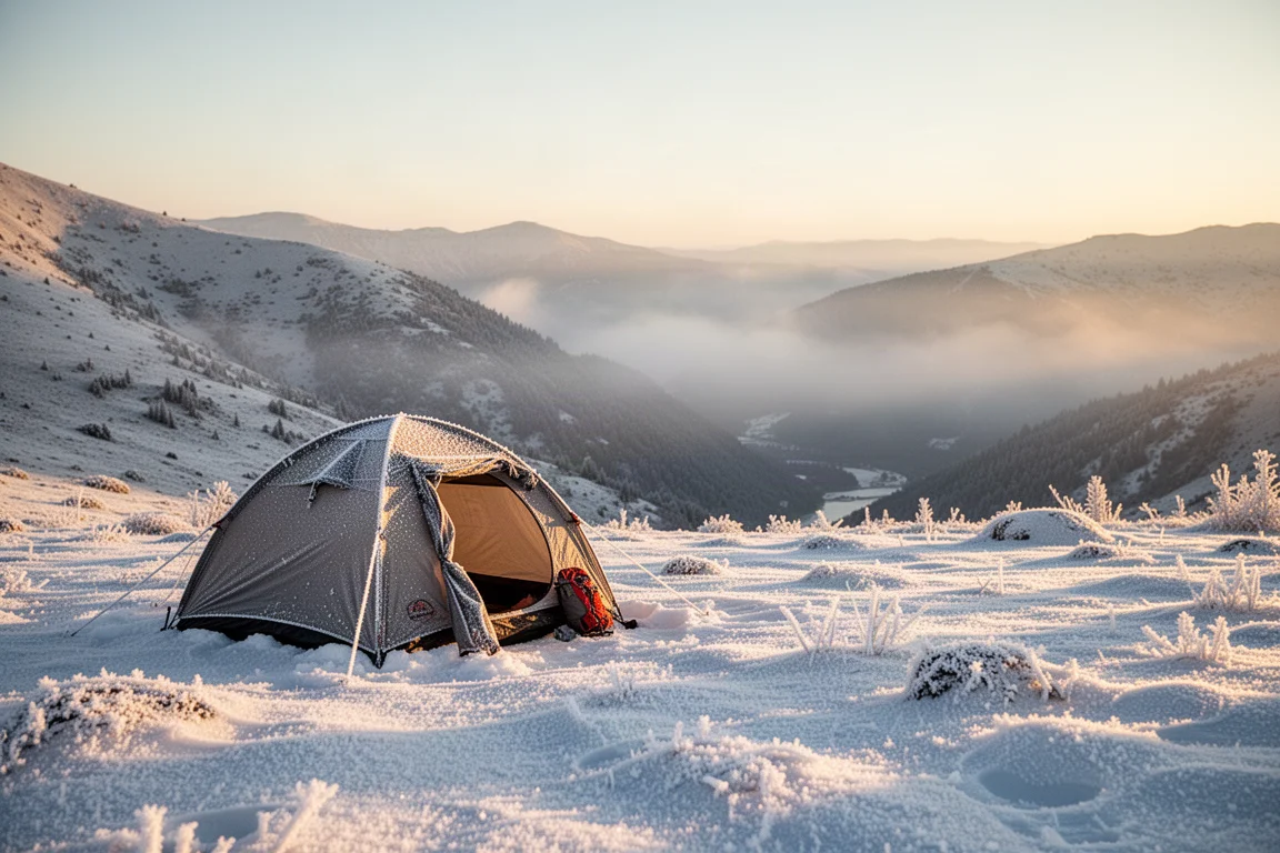 Met rijp bedekte alpine-kampplaats bij het eerste licht met een kleine tent en lage mist