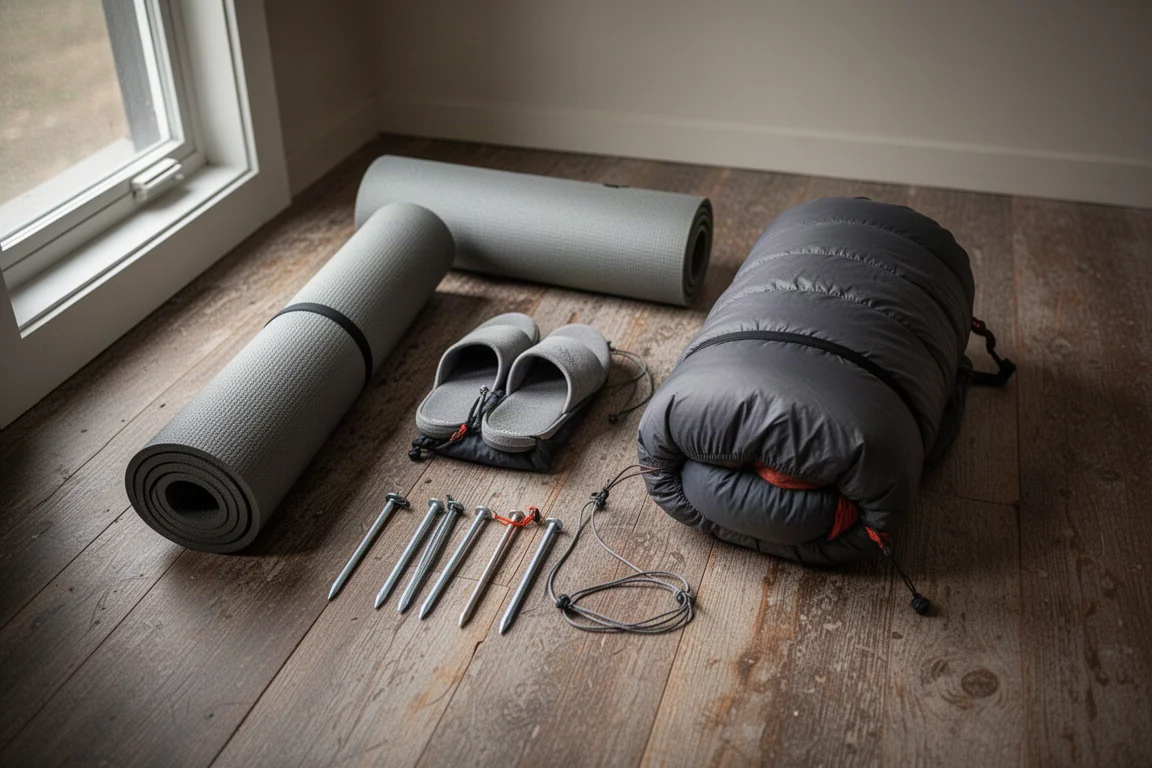 Bovenaanzicht van ultralichte backpackinguitrusting uitgespreid op een houten vloer om te sorteren