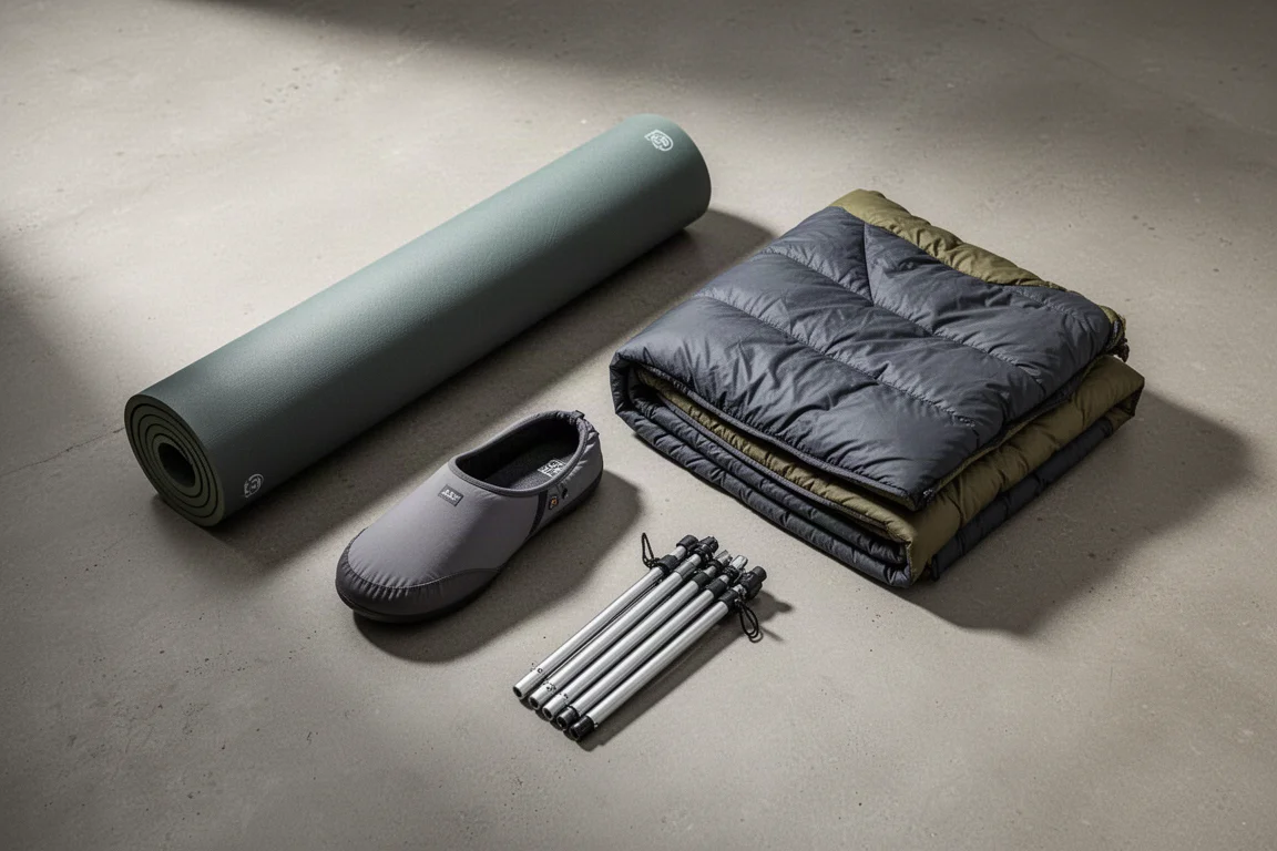 Ultralight backpacking gear flat-lay with sleeping pad, camp slipper, quilt and tent poles