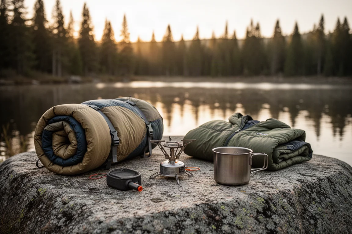 Weathered backpacking gear laid out on a granite slab beside a lake at golden hour