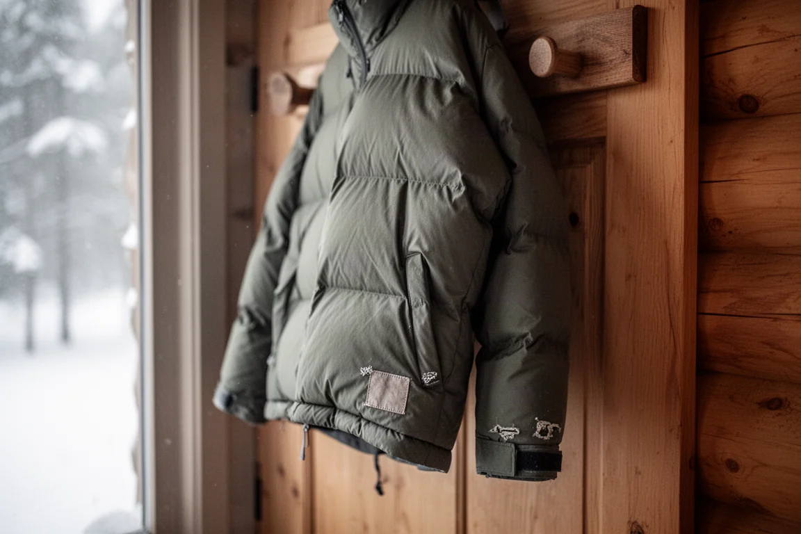 Lightweight down jacket hanging by a cabin door with a small repair patch near the hem