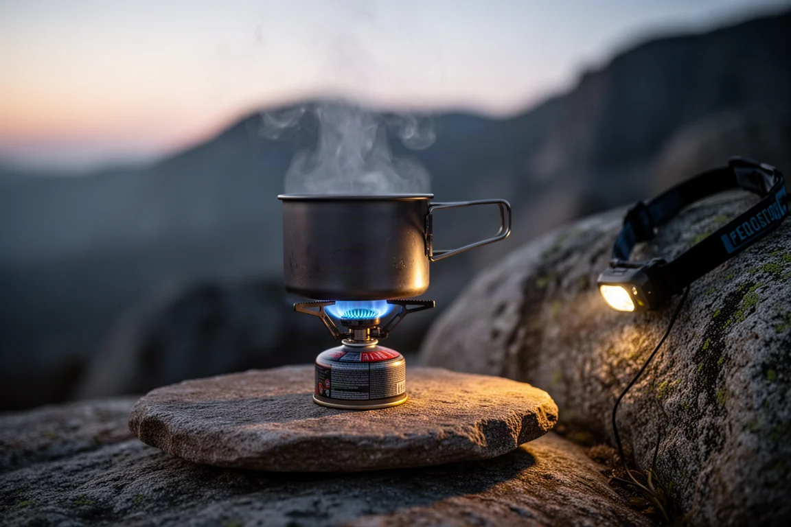 Small canister stove burning under a titanium pot on a rock at dusk