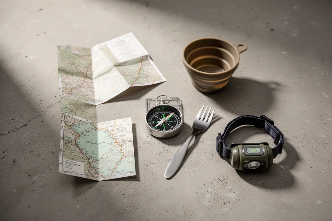Flat-lay of a paper map, compass, collapsible cup, spork, and headlamp on concrete