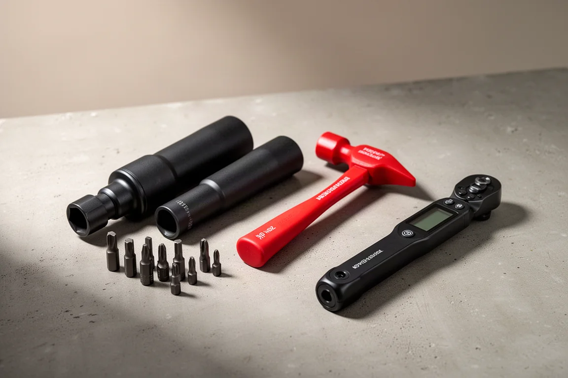 Tool handles with driver tips, a small red ball-peen hammer, and a digital torque wrench on concrete