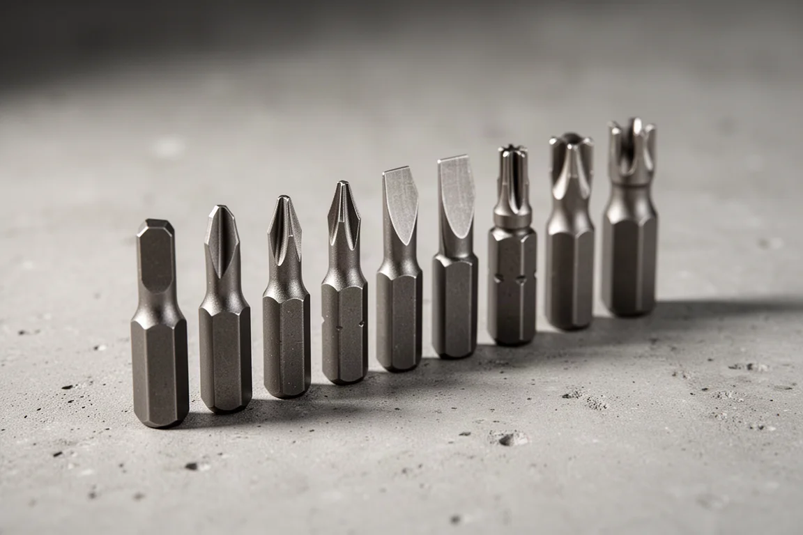 Close de pontas pequenas hexagonais e Torx variadas organizadas sobre uma bancada