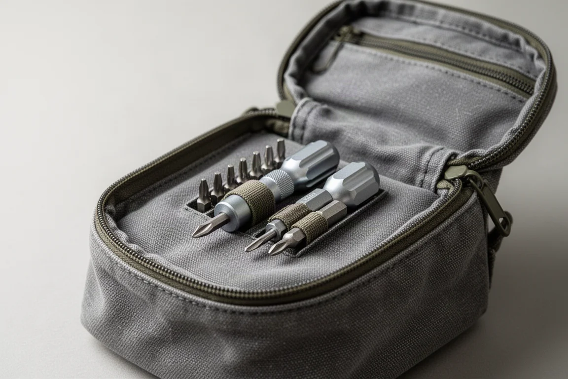 Kit de ferramentas pequeno fechado dentro do bolso de uma mochila cinza de uso diário