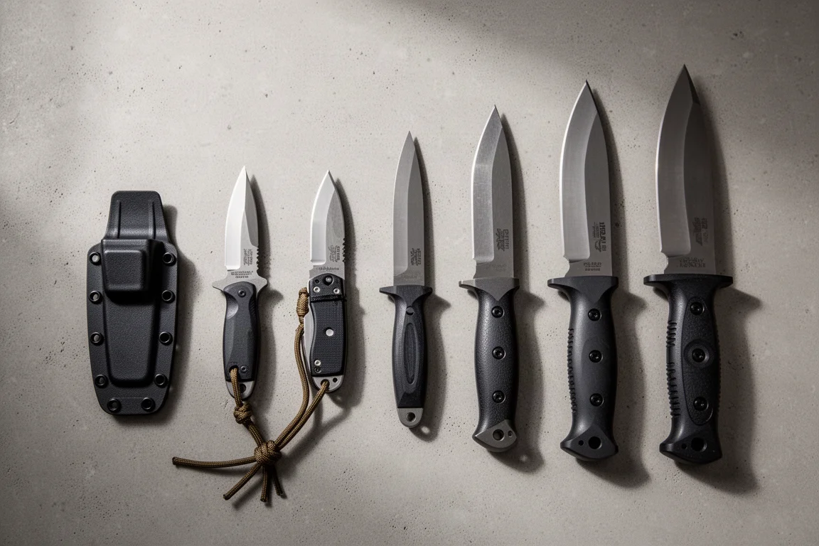 Eight fixed blade knives of different sizes arranged in a row on concrete