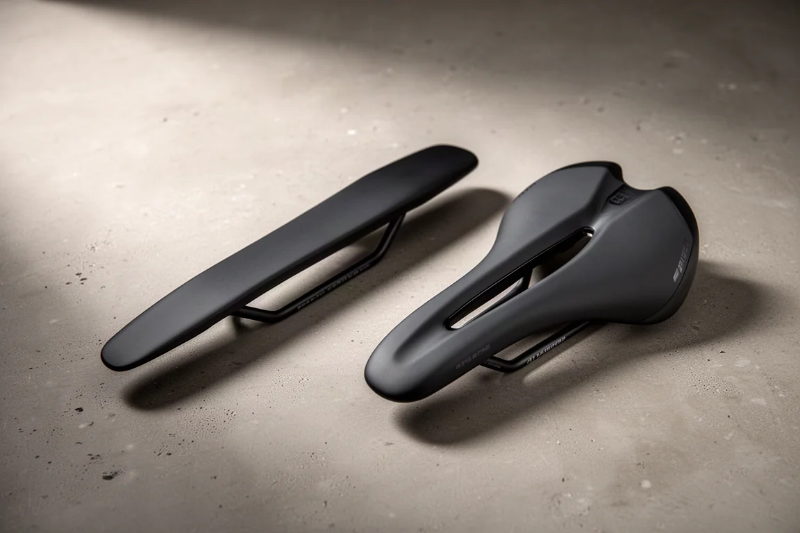 Two road cycling saddles side by side on concrete, one long and flat, one with a central channel
