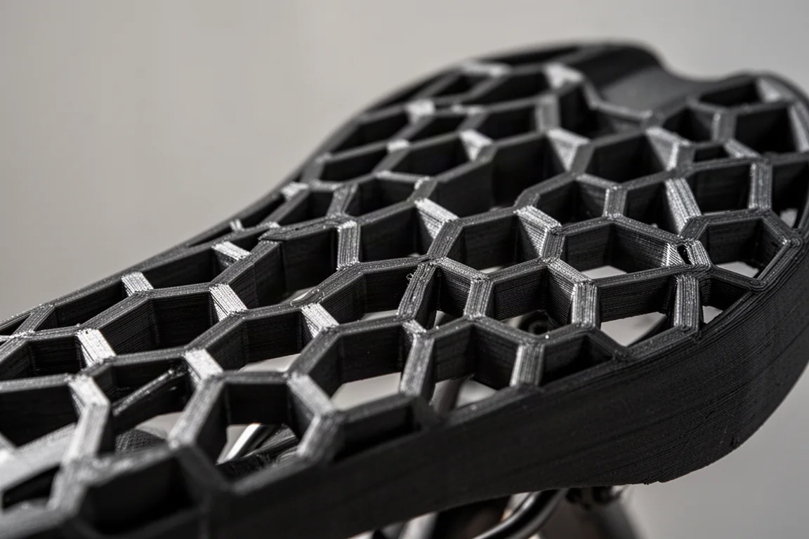Vista macro de la superficie reticulada de un sillín impreso en 3D con patrón hexagonal de puntales