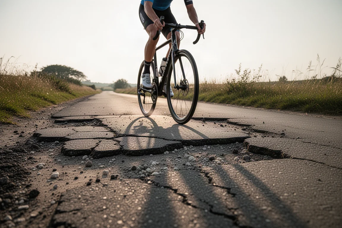Ciclista de carretera rodando sobre asfalto roto y bacheado en una vía rural