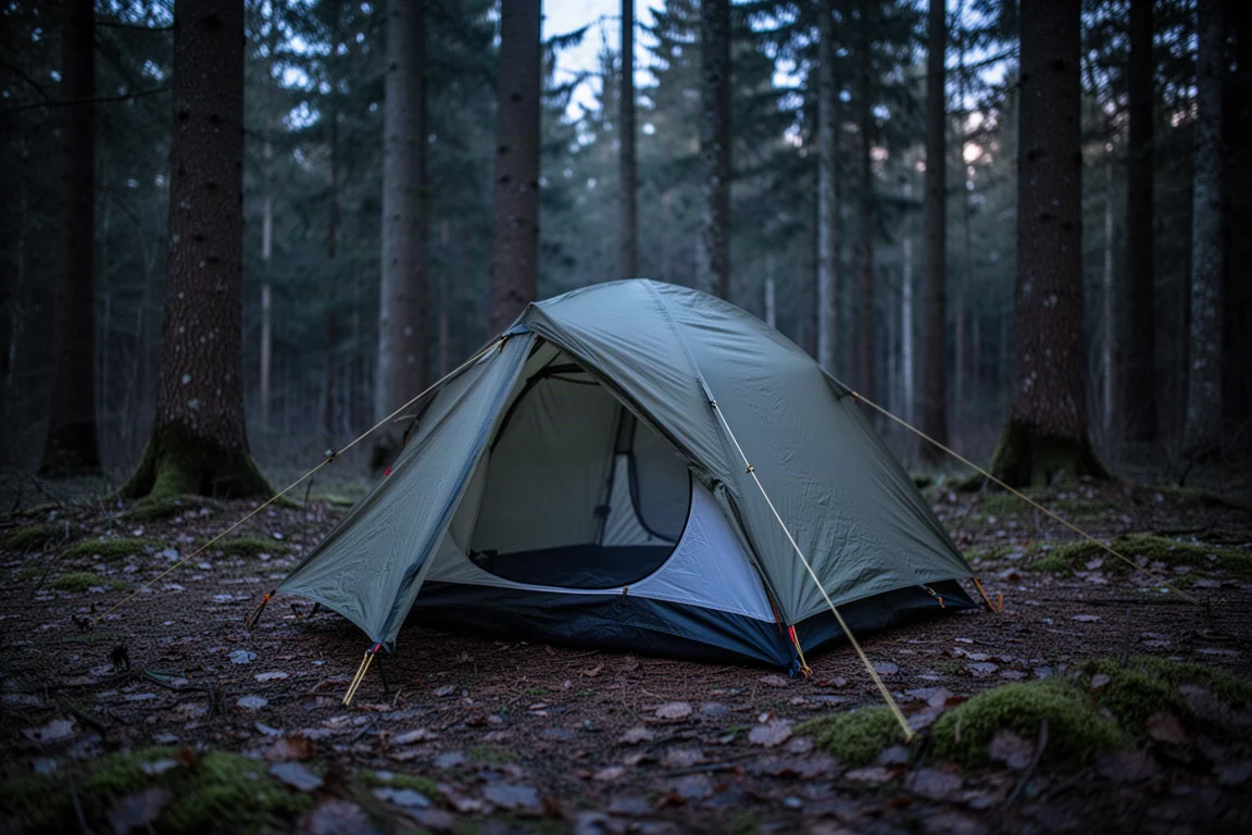 Small one-person tent pitched among pine trees at dusk with warm light on the fly