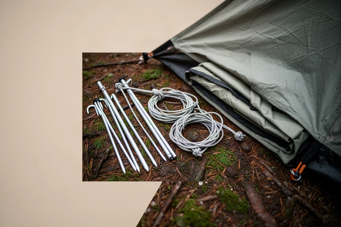 Overhead flat-lay of tent poles, stakes, and guy lines on weathered wood