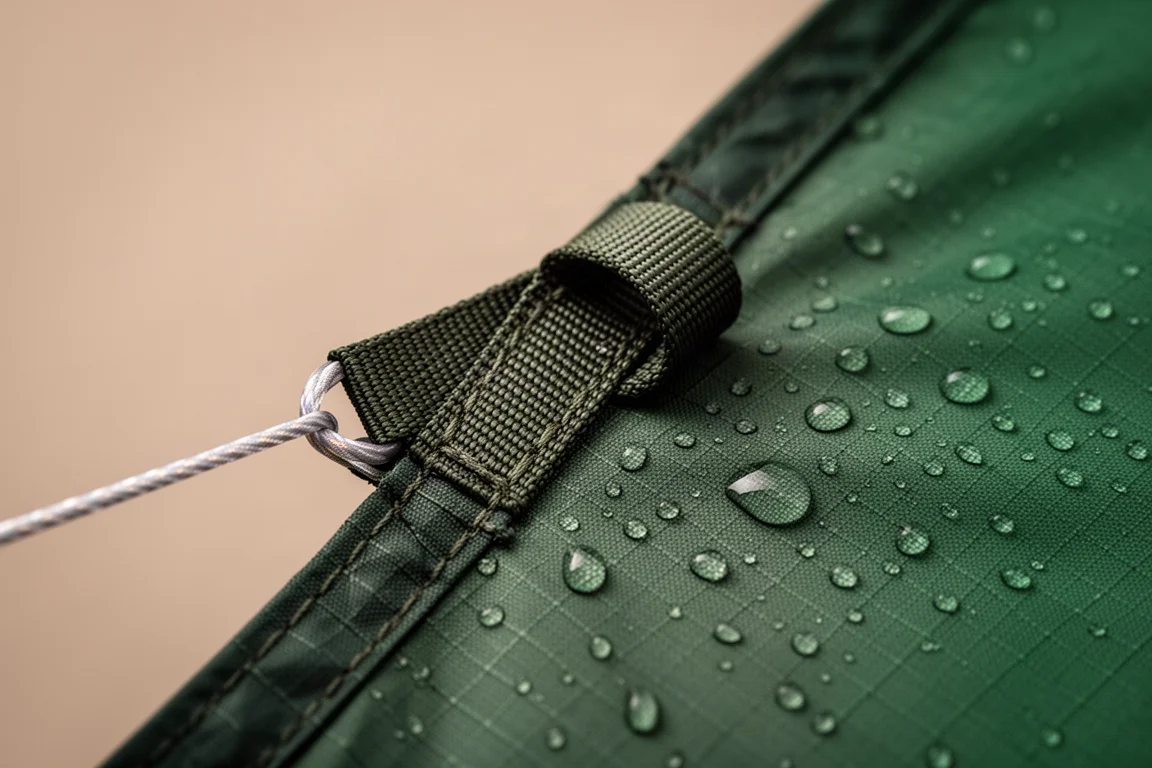 Pluie ruisselant le long d'une couture sur un tarp vert tendu au crépuscule