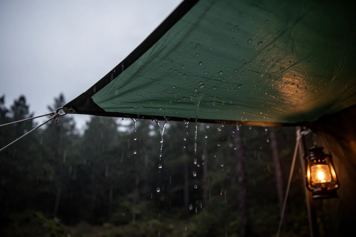 Bivouac en pleine nature à l'heure dorée avec un abri tarp bas au-dessus d'un matelas de couchage