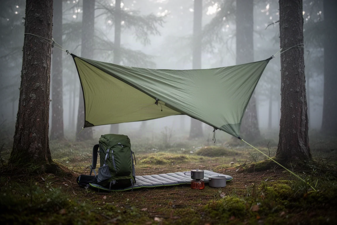 Grünes quadratisches Camping-Tarp tief auf einer Waldlichtung mit moosigem Boden aufgebaut