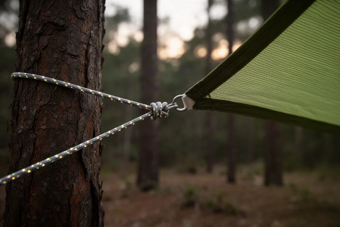 Nahaufnahme der verstärkten Tarp-Nähte und eines Abspannpunkts aus Ripstop-Nylon