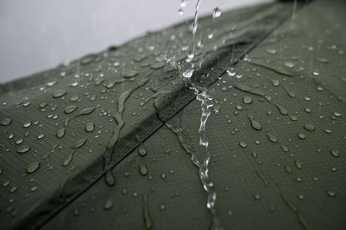 Reflektierende Abspannleine mit Metallspanner, die von einem Tarp-Verankerungspunkt ausgeht