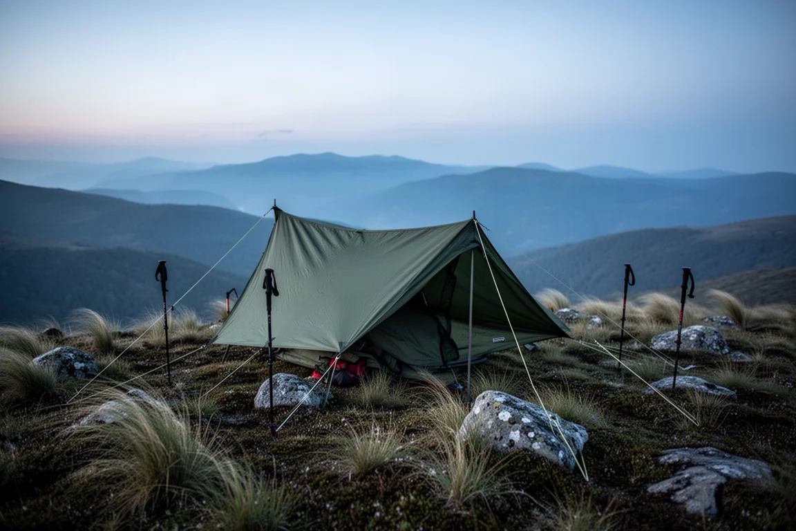 Regen perlt auf einem straff gespannten grünen Tarp über einem geschützten Campingplatz